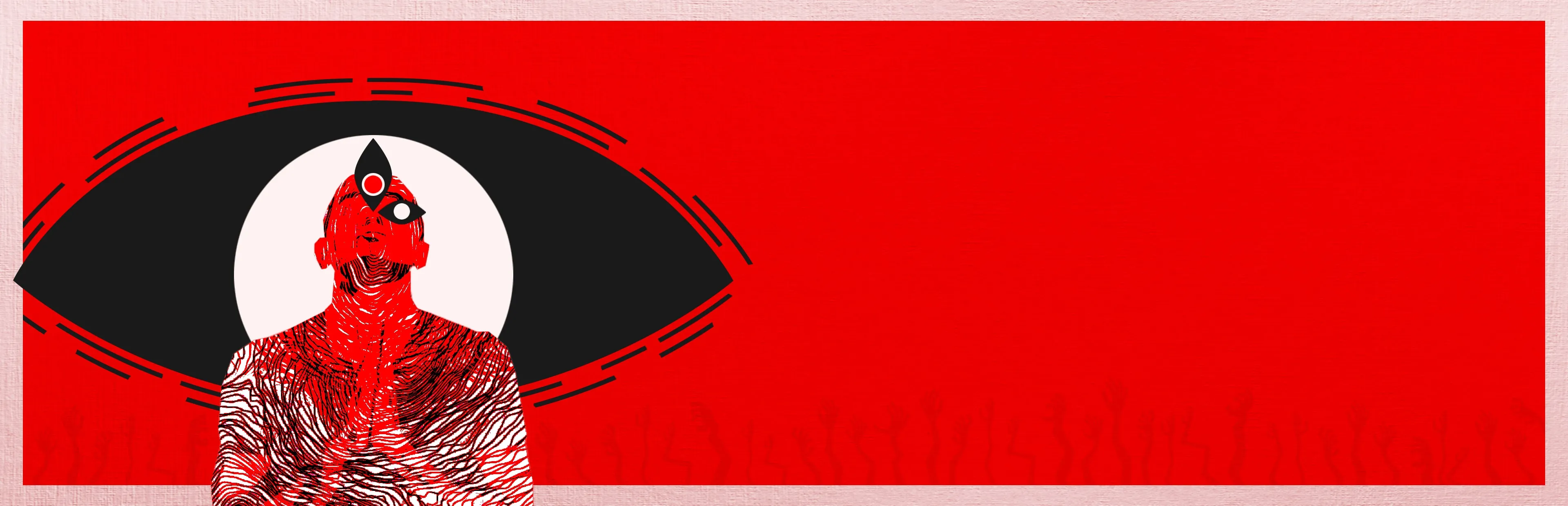 Peeled Eyes key art: a figure covered in red lines stands before a giant black eye