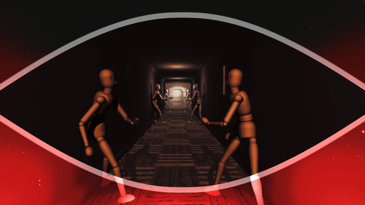 Wooden mannequins advance down a dark corridor