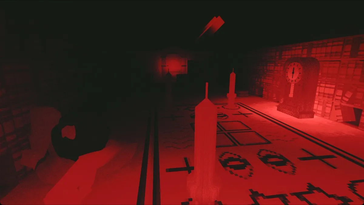 A red-lit room of candles and a grandfather clock