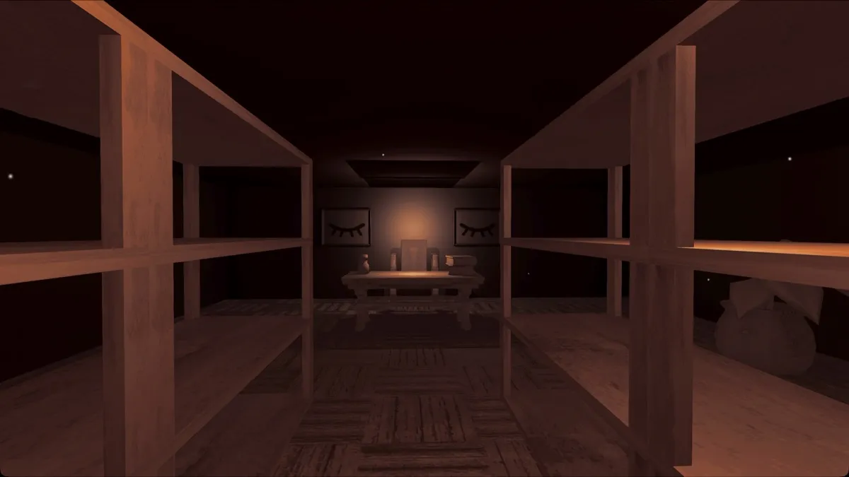 A long storeroom lit by a single lamp