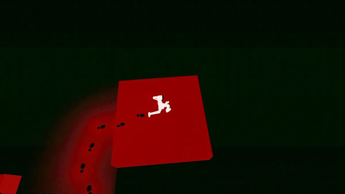 A running figure on a red sign, with bloody footprints leading to it